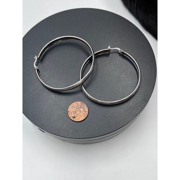 Sterling Silver 925 Stamped Large Greek Pattern 2.25” Hoop Pierced Earrings - Picture 7 of 8